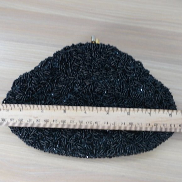 VINTAGE Black Beaded Clutch Formal Evening Purse Allover Gatsby Retro LA REGALE - Picture 5 of 10